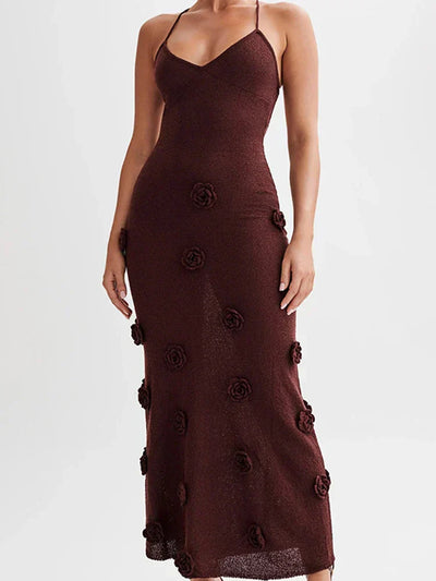 Mireille - Deep-V Neck Flower Knitted Bodycon Dress