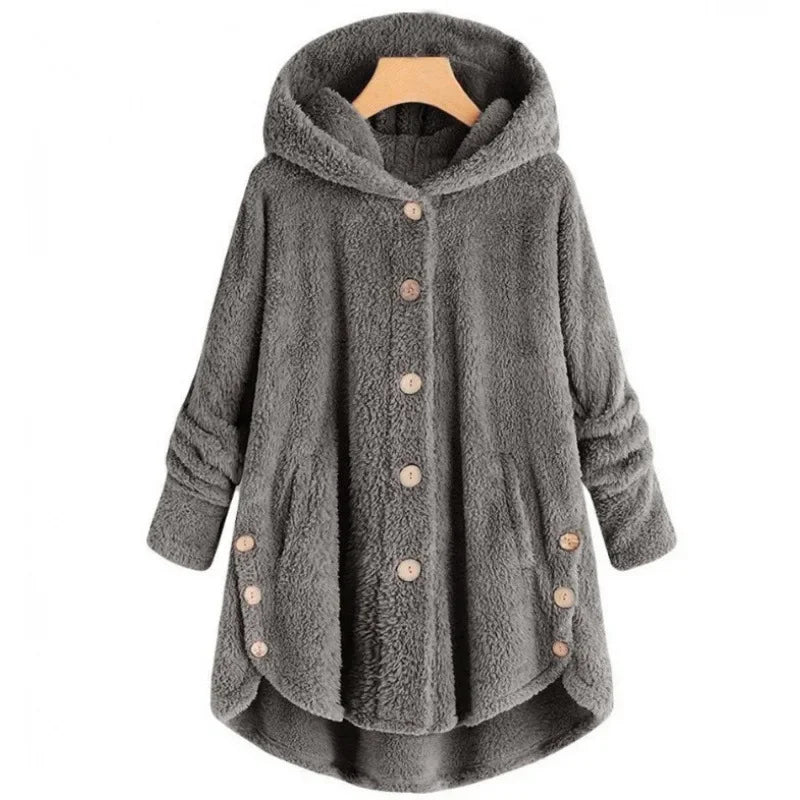 Women’s Fleece Jacket – Relaxed Fit – Hooded – Button Front – Extended Back Hem