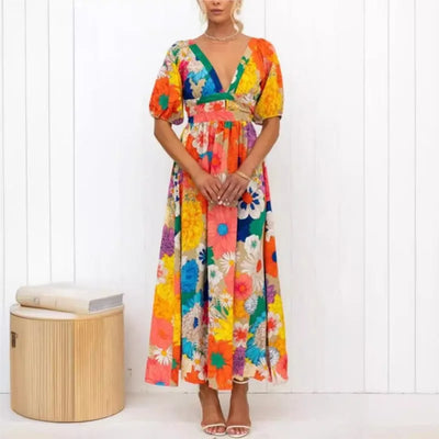 Women’s Maxi Dress – V-Neck – Puff Sleeves – Floral Print – Flowy Relaxed Fit