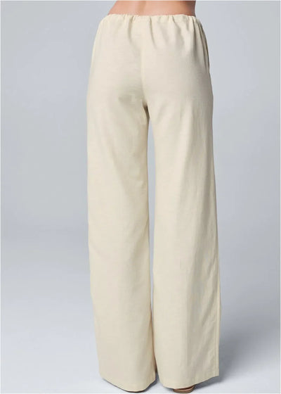 Women’s Wide-Leg Trousers – Cotton Linen Blend – High Waist – Drawstring Waistband