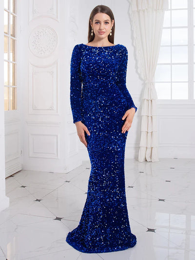 Women’s Evening Gown – Sequin Mermaid Fit – Long Sleeve – Boat Neck – Floor Length