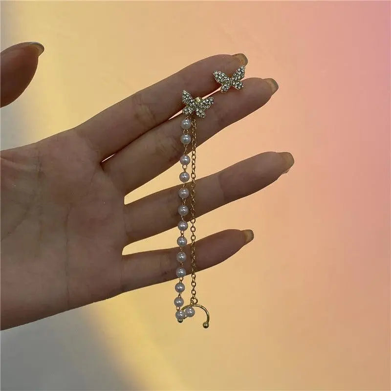 Gold Butterfly Pendant Earrings with Pearls and Zirconia