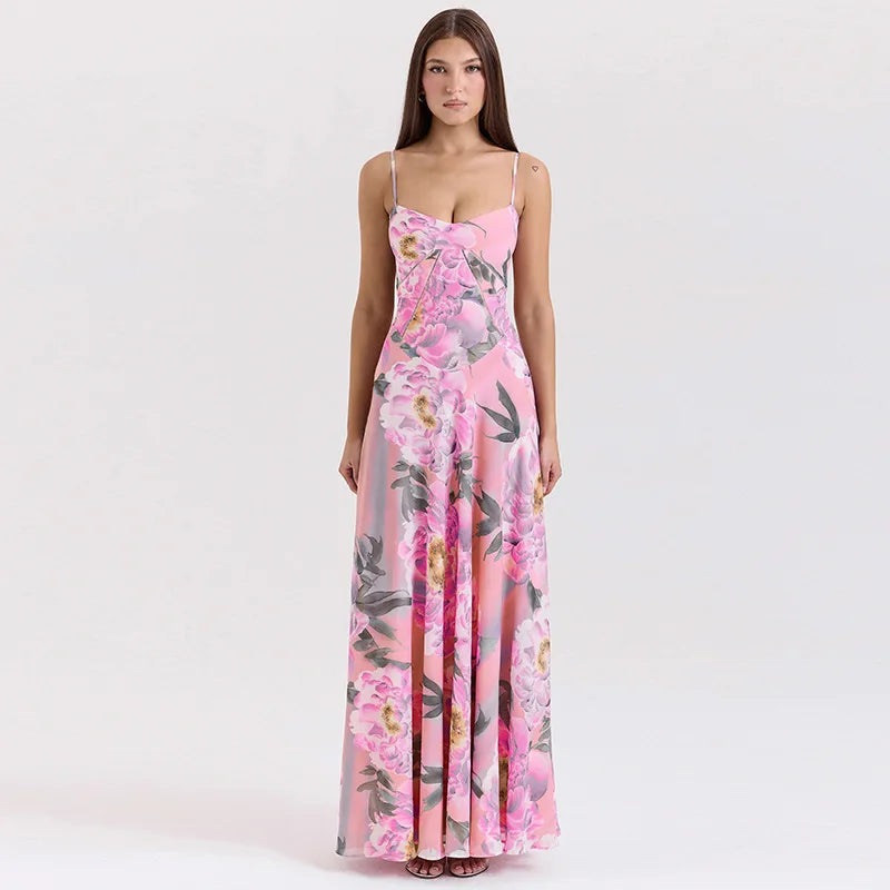 Women’s Maxi Dress – Floral Print – Draped Bodice – Spaghetti Straps – Flowy Fit