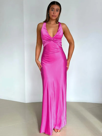 Women’s Evening Gown – Satin Halter Neck – Backless Fitted Floor-Length Dress