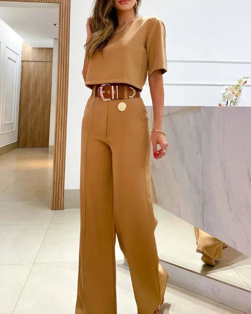 Eloisa - Short-Sleeved Cropped Top Tailored Pants Set