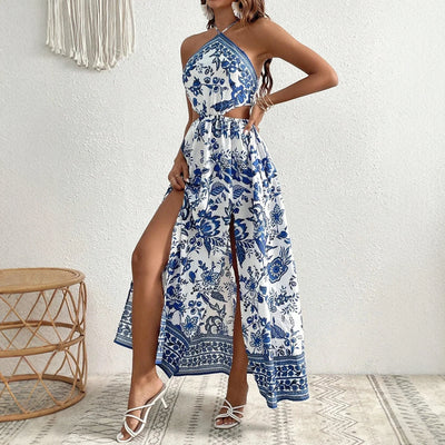 Women’s Maxi Dress – Halter Neck – Floral Print – Waist Cutouts – High Slit – A-Line Fit