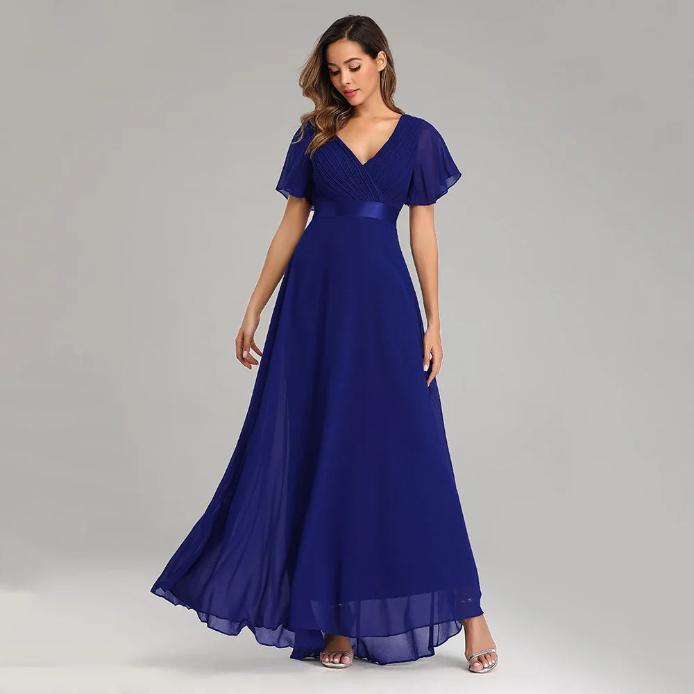 Women’s Evening Gown – Chiffon A-Line – V-Neck – Flutter Sleeves – Full Length