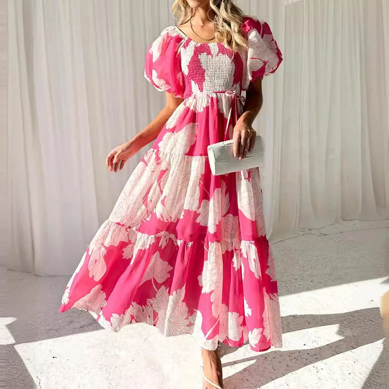 Women’s Maxi Dress – Cotton Blend – Smocked Bodice – Puff Sleeves – Tiered Floral Skirt