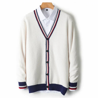 Men’s Cardigan – Wool Blend – Relaxed Fit – V-Neck – Button-Up – Contrasting Trim