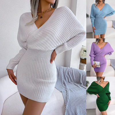Women’s Mini Dress – Ribbed Knit – Slim Fit – Wrap V-Neck – Long Sleeve Dressy Style