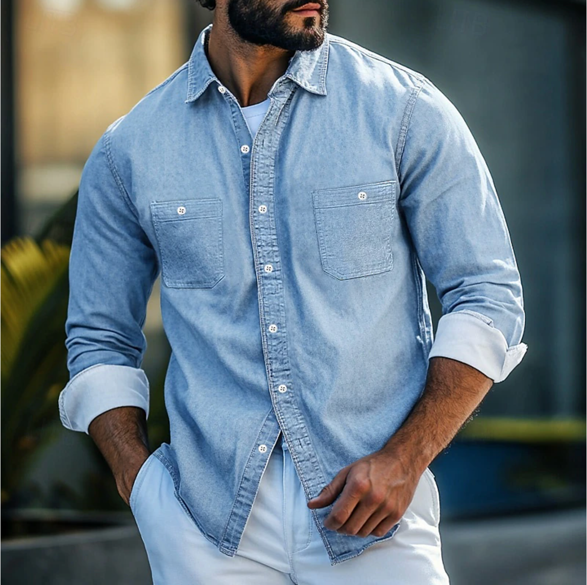 Men’s Denim Shirt – Regular Fit – Long Sleeve – Button-Up with Chest Pockets