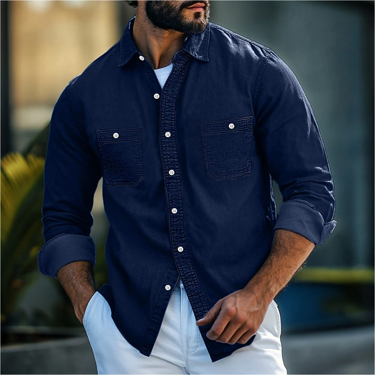 Men’s Denim Shirt – Regular Fit – Long Sleeve – Button-Up with Chest Pockets