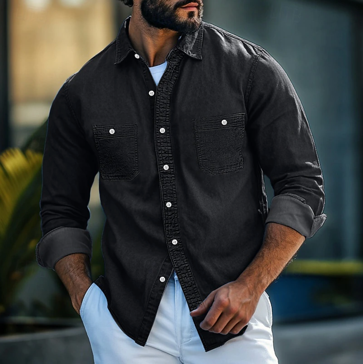 Men’s Denim Shirt – Regular Fit – Long Sleeve – Button-Up with Chest Pockets