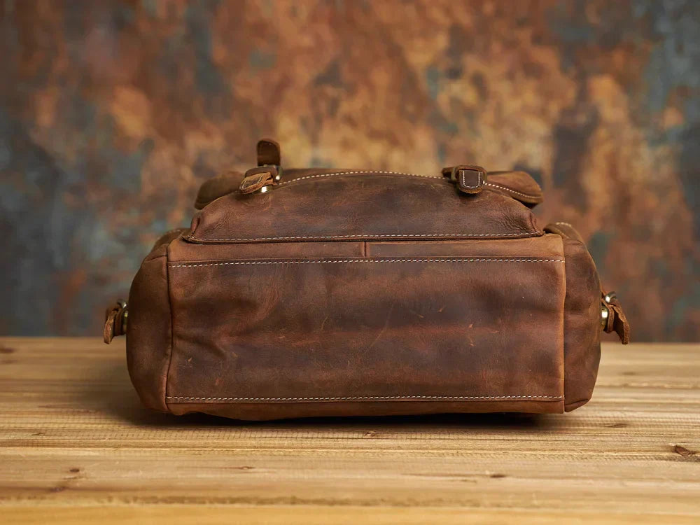 Rugged Genuine Leather Travel Backpack - Brown Large Capacity Daypack