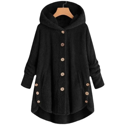 Women’s Fleece Jacket – Relaxed Fit – Hooded – Button Front – Extended Back Hem