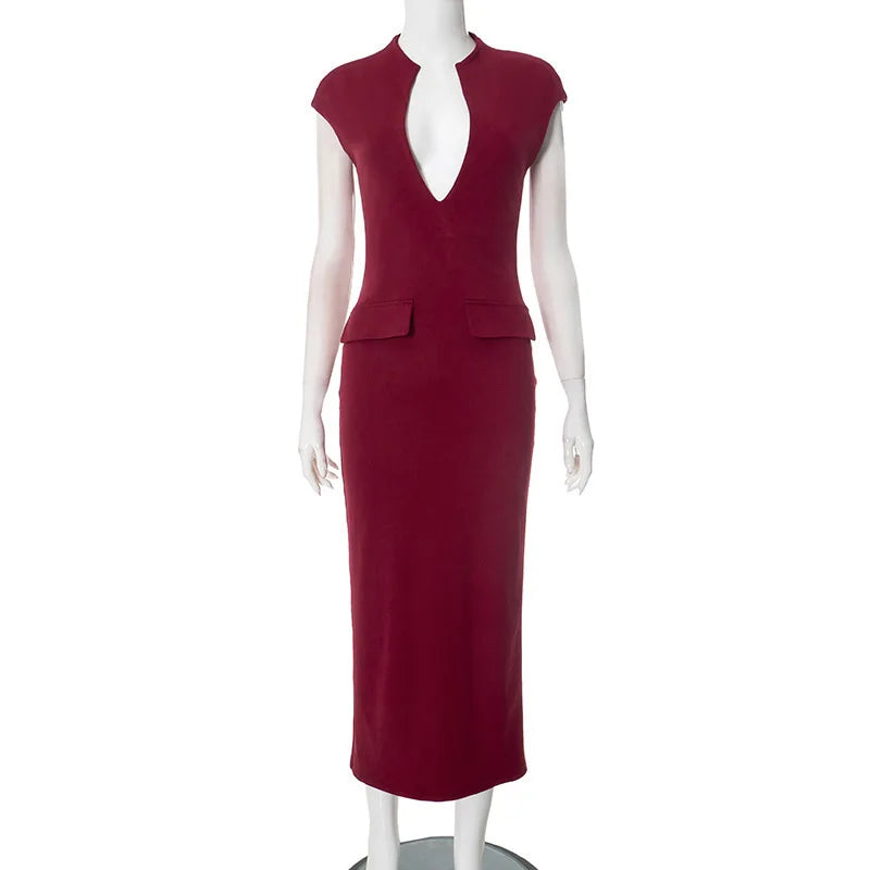 Women’s Midi Dress – Bodycon Fit – Deep V-Neck – Sleeveless – Stretch Structured Fabric