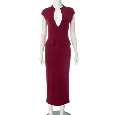 Women’s Midi Dress – Bodycon Fit – Deep V-Neck – Sleeveless – Stretch Structured Fabric