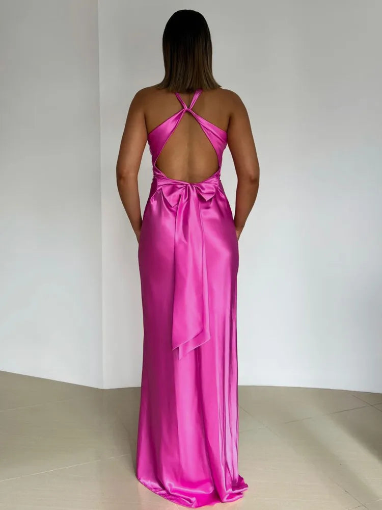 Women’s Evening Gown – Satin Halter Neck – Backless Fitted Floor-Length Dress