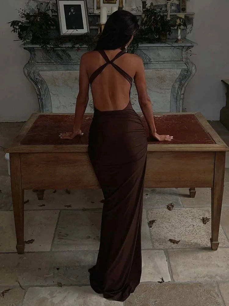 Women’s Evening Gown – Satin Bodycon Fit – Draped Neckline – Metallic Straps – Full Length