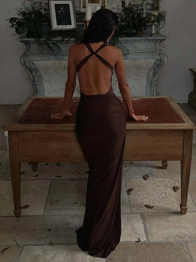 Women’s Evening Gown – Satin Bodycon Fit – Draped Neckline – Metallic Straps – Full Length