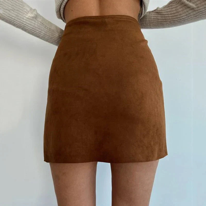 Women’s Mini Skirt – Slim Fit Suede – A-Line Silhouette – Side Button Accent