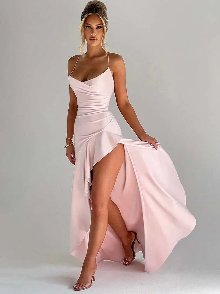 Women’s Evening Gown – Satin – Fitted Bodice – High-Low Hem – Draped Skirt – Spaghetti Straps