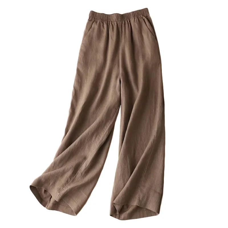 Women’s Wide-Leg Pants – Linen Blend – Relaxed Fit – Elastic Waist – Full Length
