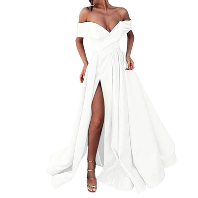 Women’s Evening Gown – Satin Blend – Off Shoulder – High Slit – A-Line Floor Length