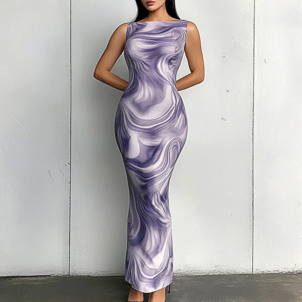 Women’s Maxi Dress – Bodycon Fit – High Neck Sleeveless – Stretch Fabric – Abstract Print