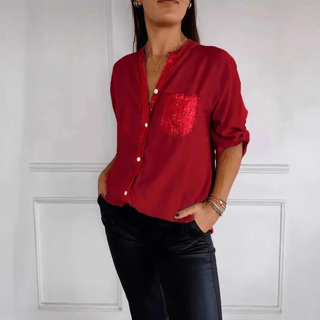 Vivienne – Tailored Blouse with Glitter Chest Pocket