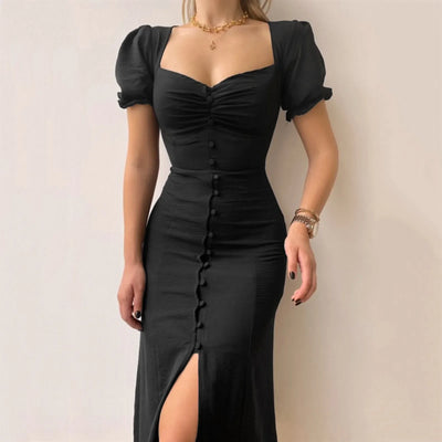 Women’s Midi Dress – Slim Fit – Sweetheart Neckline – Puff Sleeves – Front Slit Buttons