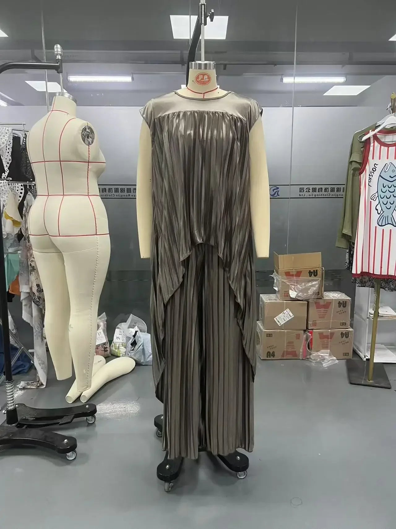 Angela - Pleated Irregular Top and Wide Waisted Pants Set