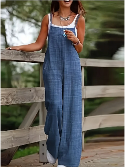 Women’s Jumpsuit – Relaxed Fit – Sleeveless Suspender Straps – Wide Leg Cotton Blend