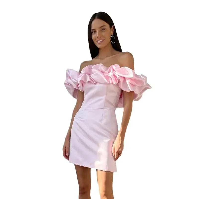 Women’s Mini Dress – Satin Fabric – Tailored Fit – Off-Shoulder Ruffle Sleeves
