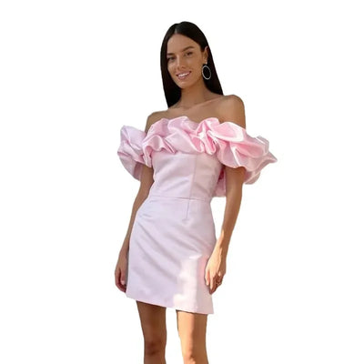 Women’s Mini Dress – Satin Fabric – Tailored Fit – Off-Shoulder Ruffle Sleeves