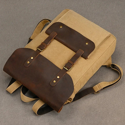 Genuine Leather & Canvas Rucksack - Vintage College Laptop Backpack