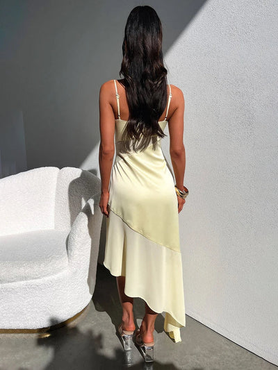 Women’s Midi Dress – Satin Slim Fit – V-Neck – Spaghetti Straps – Asymmetrical Hem
