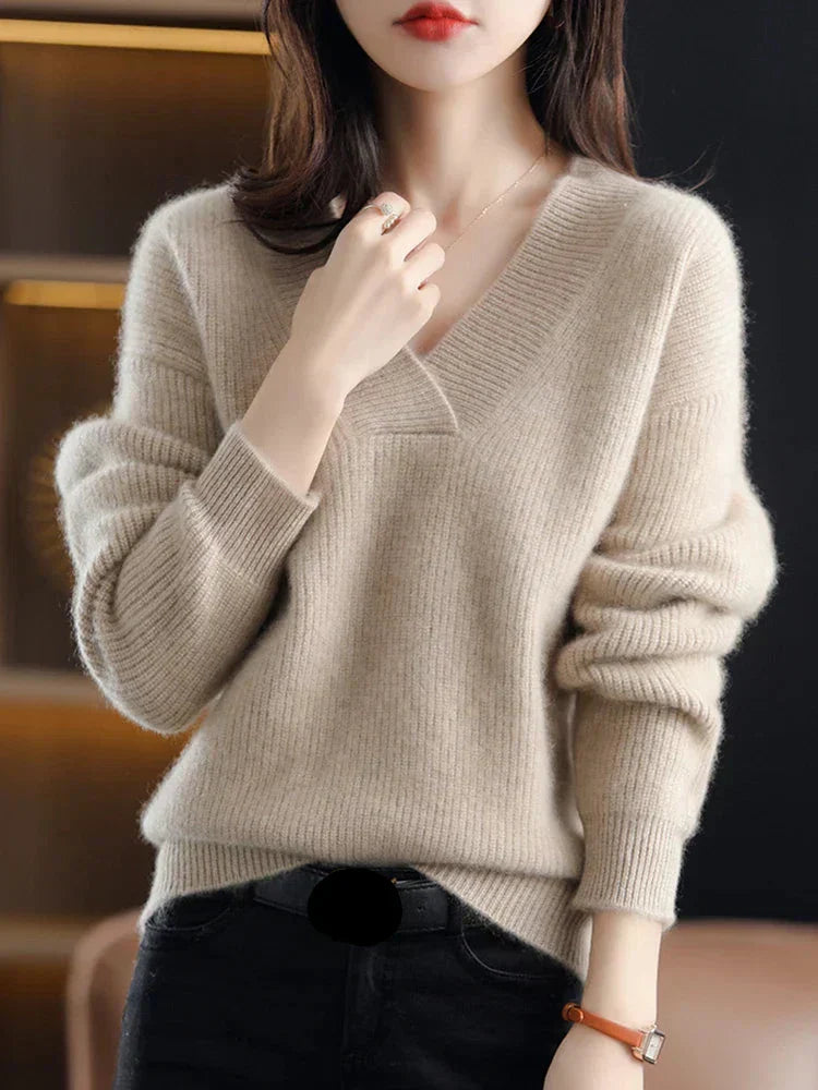 Women’s Pullover Sweatshirt – Soft Knit – Relaxed Fit – V-Neck – Ribbed Hem & Cuffs