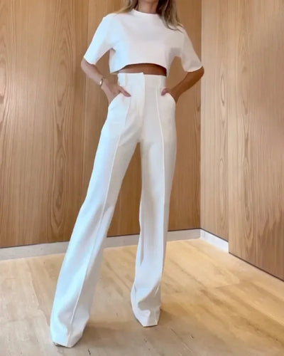 Eloisa - Short-Sleeved Cropped Top Tailored Pants Set