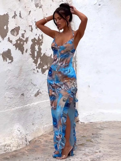 Women’s Halter Maxi Dress – Satin-Like Fabric – Ruched – High Slit Formal Gown