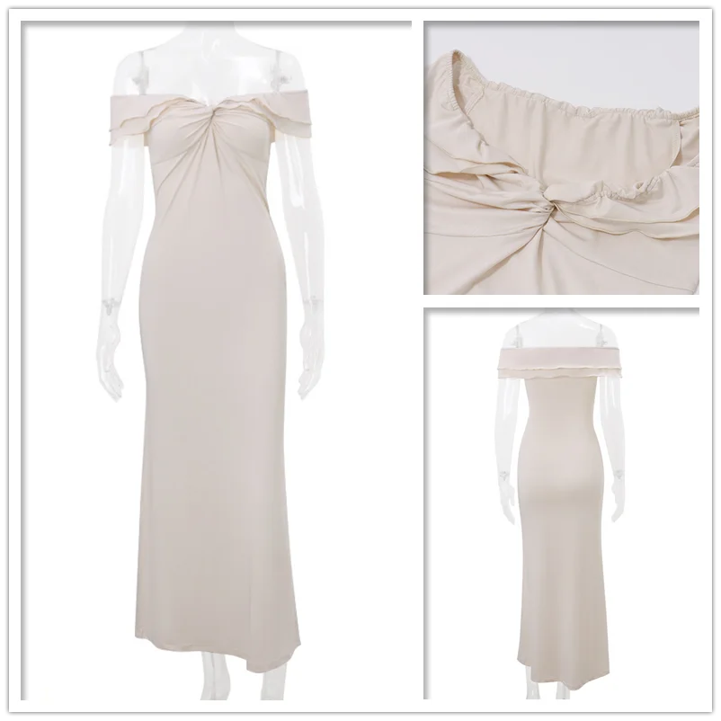 Women’s Maxi Dress – Off-Shoulder Bodycon Fit – Twisted Bust – Stretch Fabric