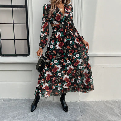 Women’s Maxi Dress – Floral Print – V-Neck – Puff Sleeve – Fitted Waist – Long Sleeve
