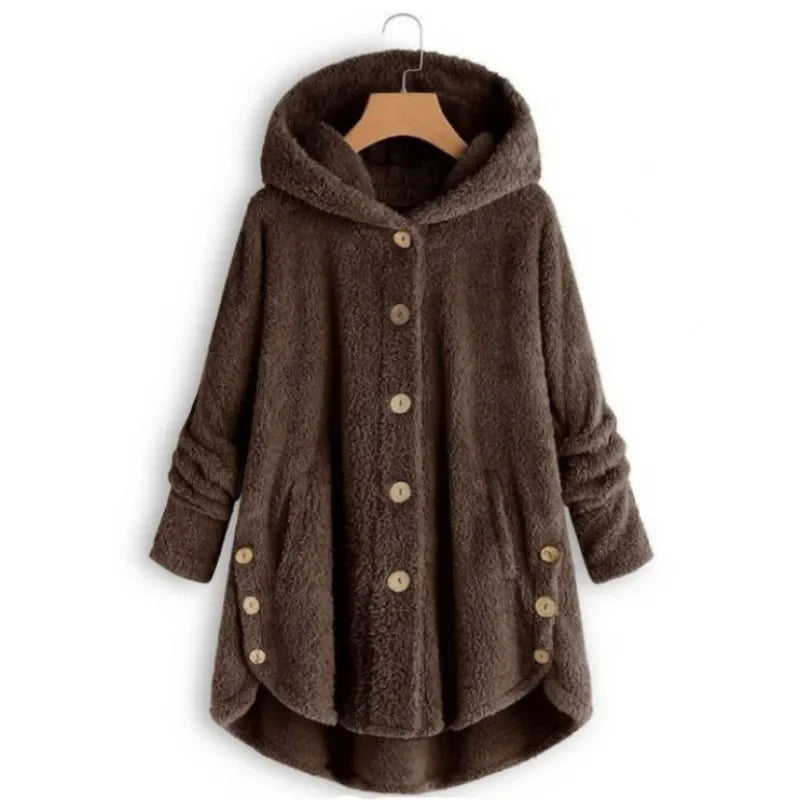 Women’s Fleece Jacket – Relaxed Fit – Hooded – Button Front – Extended Back Hem