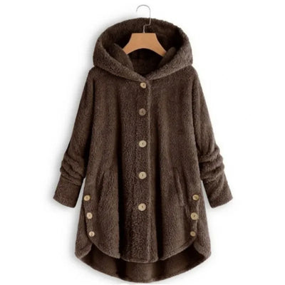 Women’s Fleece Jacket – Relaxed Fit – Hooded – Button Front – Extended Back Hem