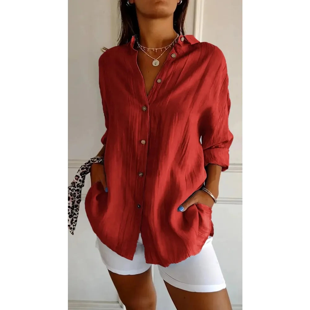 Women’s Button-Up Shirt – Relaxed Fit – Crinkled Texture – Long Sleeve Casual Style