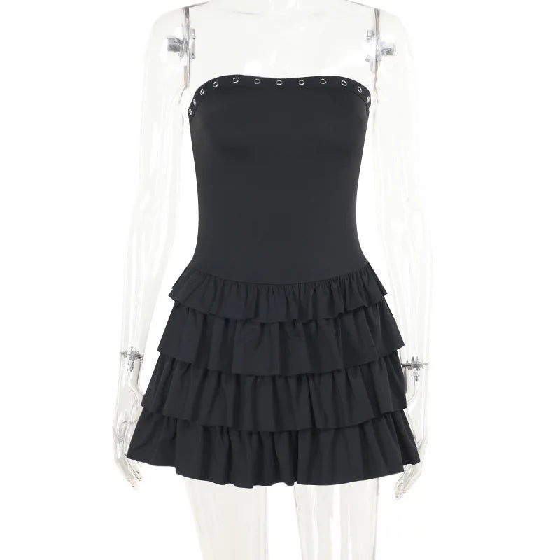 Women’s Strapless Mini Dress – Fitted Bodice – Tiered Ruffle Skirt – Grommet Detail