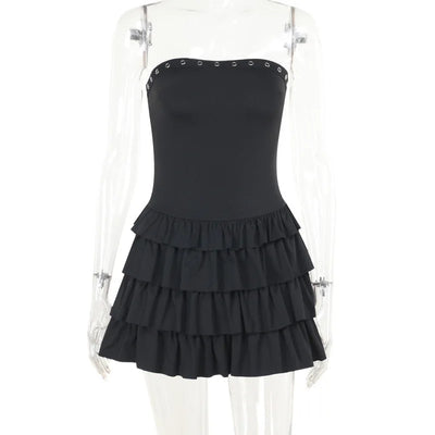 Women’s Strapless Mini Dress – Fitted Bodice – Tiered Ruffle Skirt – Grommet Detail