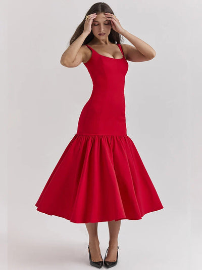 Women’s Midi Dress – Fitted Bodice – Scoop Neck – Sleeveless – A-Line Skirt