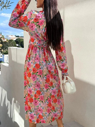 Women’s Maxi Dress – Floral Print – V-Neck – Button-Down – Long Sleeve Cotton