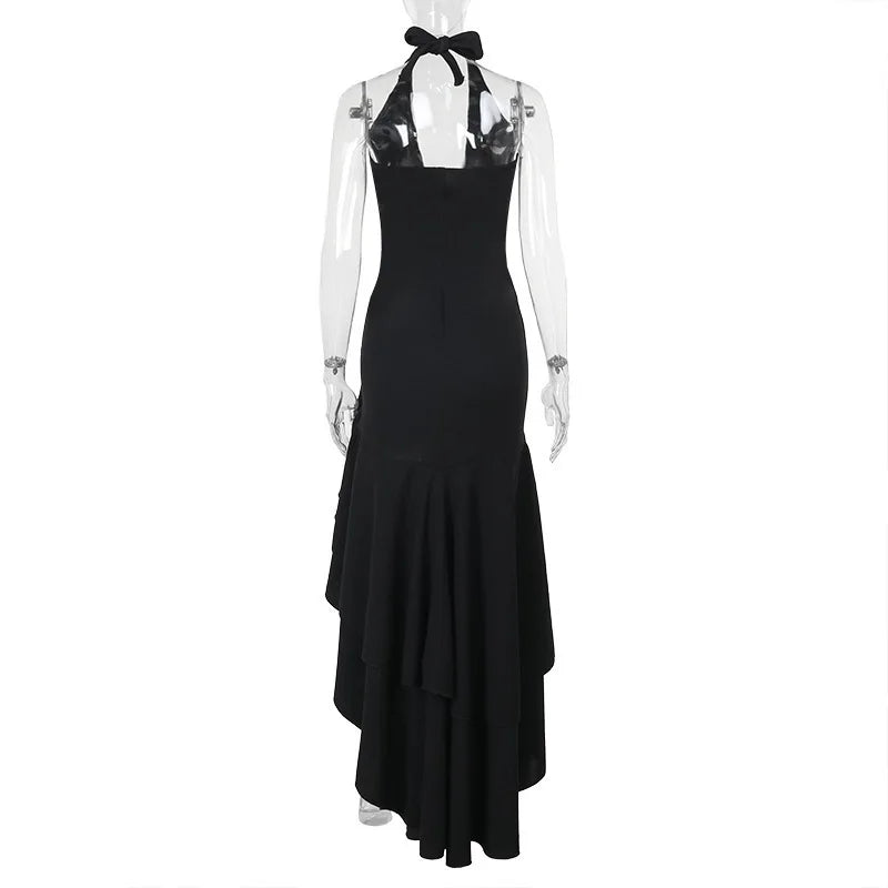 Women’s Evening Gown – Satin Fabric – Fitted Silhouette – Halter Neck – Floor Length Ruffle